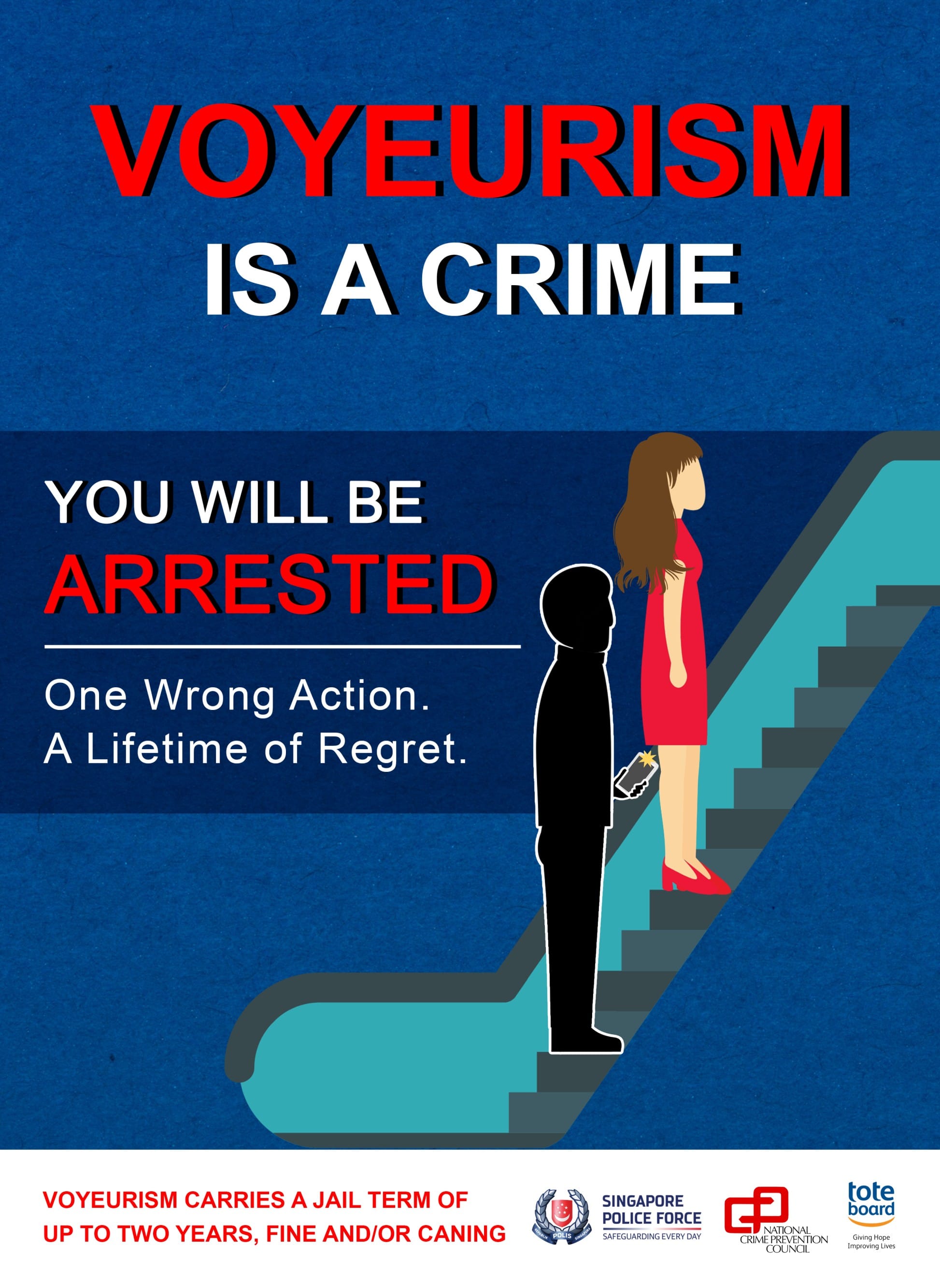 An illustrated crime prevention poster shows a silhouetted figure holding a smartphone underneath a woman in a red dress on an escalator, capturing an illicit upskirting angle.